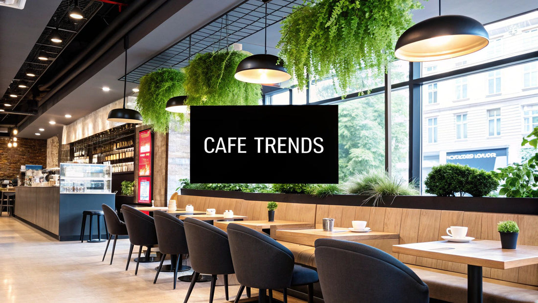 Modern café interior layout showing coffee roasters and wood finish