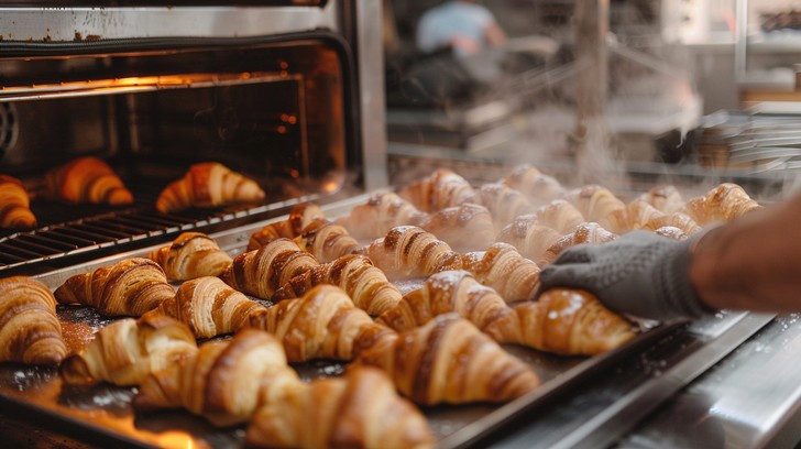 Golden brown croissants stacked on a wire tray inside bakery oven